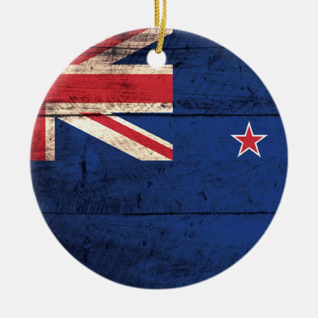 Old Wooden New Zealand Flag Ceramic Tree Decoration (Front)