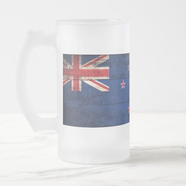 Old Wooden New Zealand Flag; Frosted Glass Beer Mug (Left)