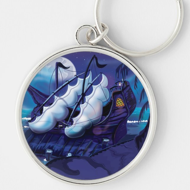 Old Wooden Sail Ship in Dock Key Ring (Front)