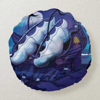 Old Wooden Sail Ship in Dock. Round Cushion