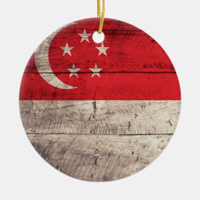 Old Wooden Singapore Flag Ceramic Tree Decoration (Front)
