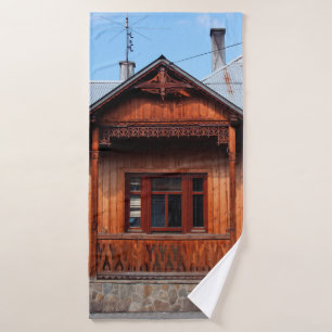 Old wooden traditional house accommodation, ancien bath towel