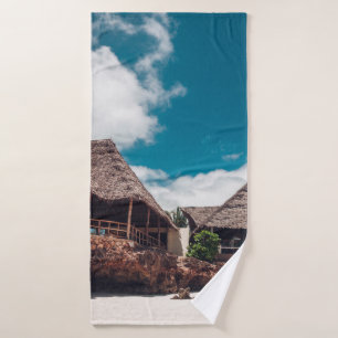 Old wooden tropical bungalow on the beachancient,a bath towel