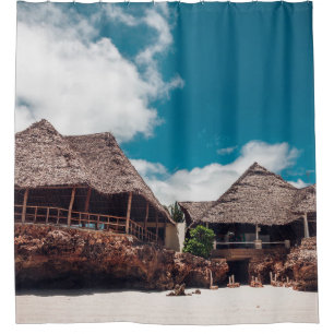 Old wooden tropical bungalow on the beachancient,a shower curtain