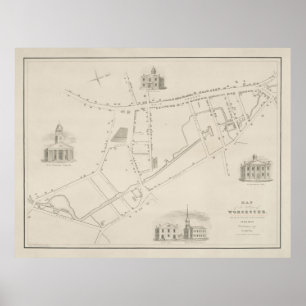 Old Worcester MA Map (1829) Vintage Massachusetts Poster