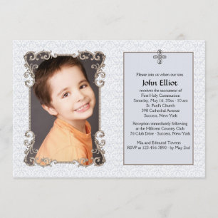 Old World Blue Damask Photo Religious Invitation