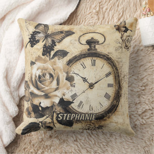 Old World Brown Botanical Compass Butterfly Cushion