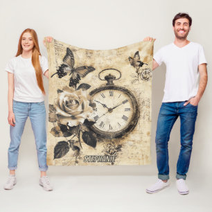 Old World Brown Botanical Compass Butterfly Fleece Blanket