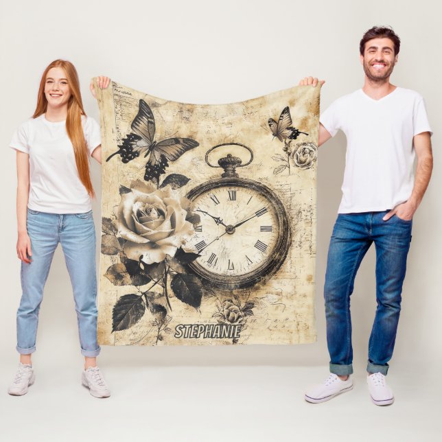 Old World Brown Botanical Compass Butterfly Fleece Blanket (In Situ)