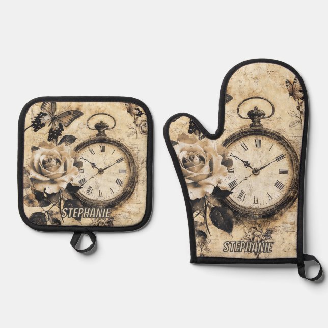 Old World Brown Botanical Compass Butterfly Oven Mitt & Pot Holder Set (Front)