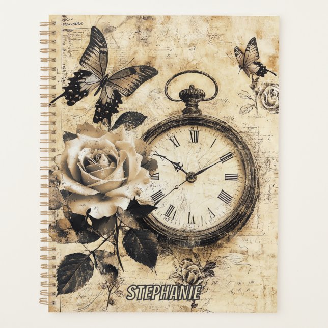Old World Brown Botanical Compass Butterfly Planner (Front)
