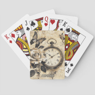 Old World Brown Botanical Compass Butterfly Playing Cards