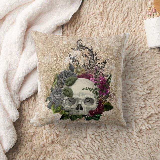 Old World Burgundy Pink Floral Skull on Gold Cushion (Blanket)