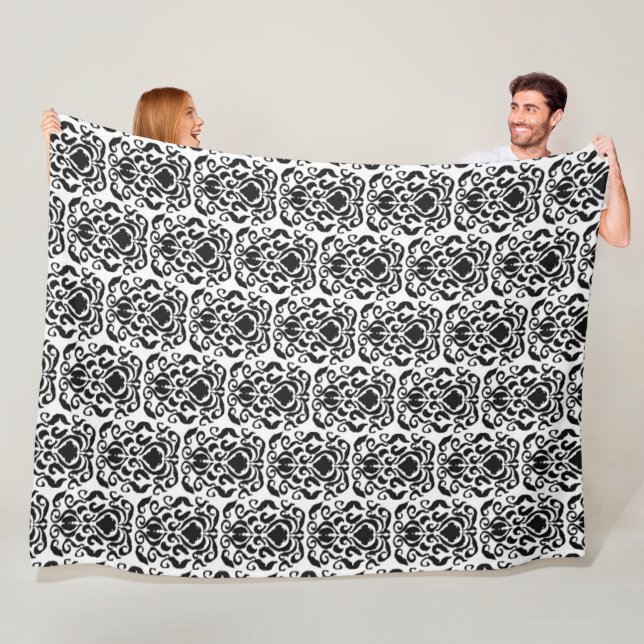 Old World Damask Black on White Fleece Blanket (In Situ)