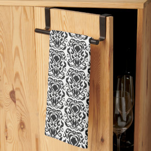 Old World Damask Black on White  Tea Towel