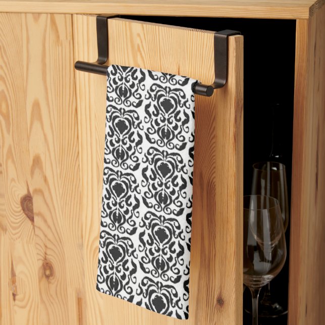 Old World Damask Black on White  Tea Towel (Thirds Fold)