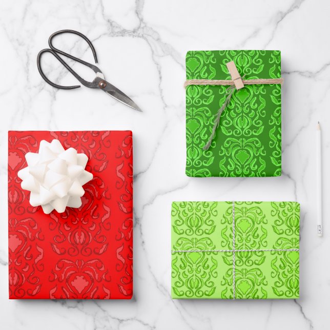 Old World Damask Tonal Red and Green Patterns Wrapping Paper Sheet (Front)
