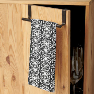 Old World Damask White on Black Tea Towel