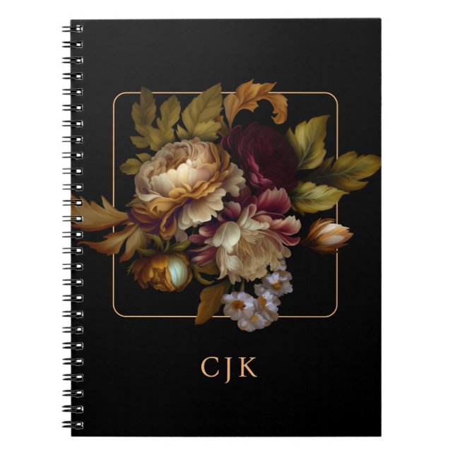 Old World Dark Floral Bouquet with Monogram  Notebook (Front)