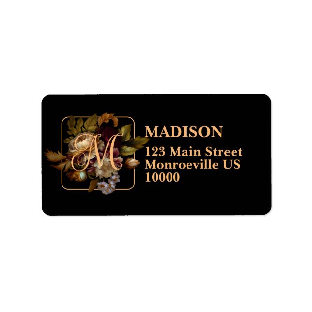 Old World Dark Floral Bouquet with Monogram Square Label (Front)