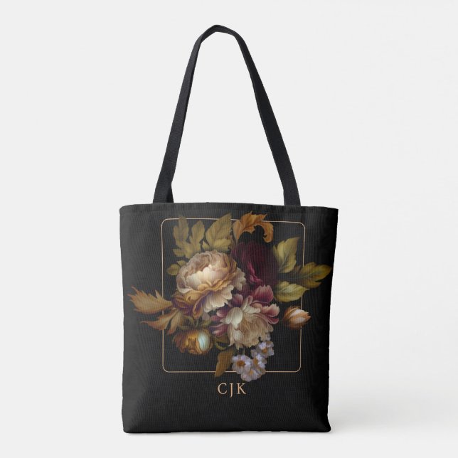 Old World Dark Floral Bouquet with Monogram Tote Bag (Back)