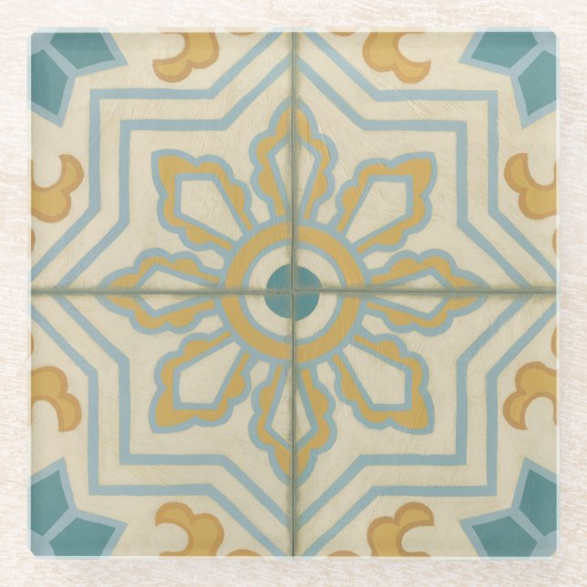 Old World Decorative Tile Pattern Glass Coaster (Front)