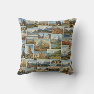 Old-World European Postcard Collage Pattern Cushion