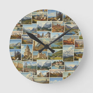 Old-World European Postcard Collage Pattern Round Clock