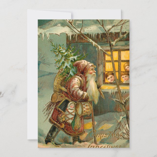 Old World Father Christmas in Snow with Gifts Holiday Card (Front)