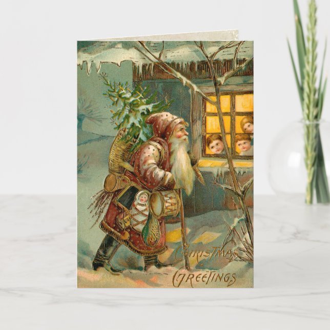Old World Father Christmas in Snow with Gifts Holiday Card (Front)