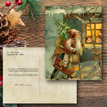 Old World Father Christmas in Snow with Gifts Holiday Postcard<br><div class="desc">Charming Victorian Christmas card illustration featuring old world Father Christmas walking through the snow bringing toys and a tree to children in a cosy cottage.</div>