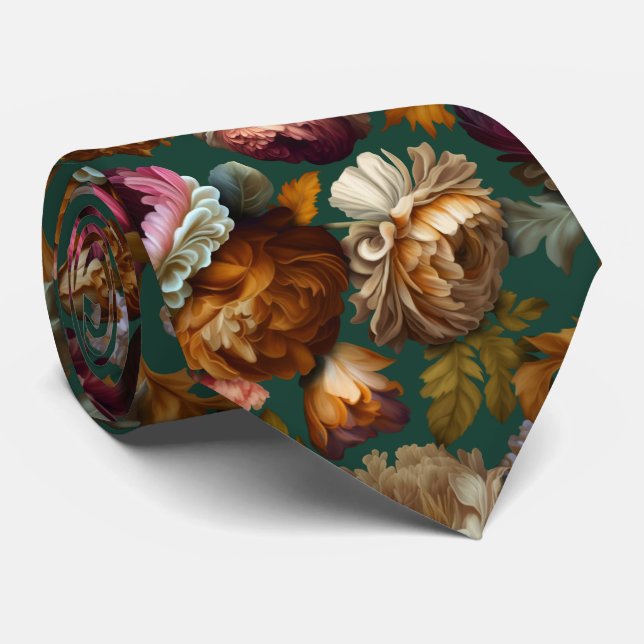 "Old World" Floral Elegance on Green Neck Tie (Rolled)