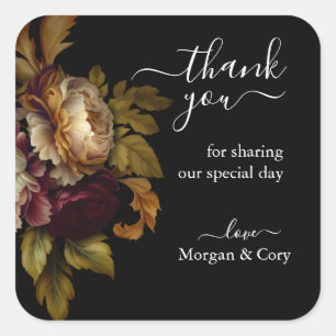 Old World Floral on Black Wedding Thank you Square Sticker