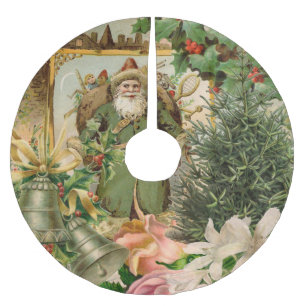 Old World Green Santa Christmas Collage Antique Brushed Polyester Tree Skirt