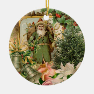 Old World Green Santa Christmas Collage Antique  Ceramic Tree Decoration