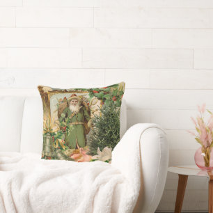 Old World Green Santa Christmas Collage Antique Cushion