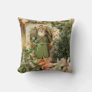 Old World Green Santa Christmas Collage Antique  Cushion