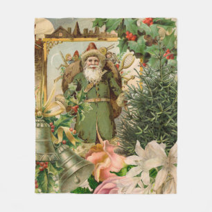 Old World Green Santa Christmas Collage Antique  Fleece Blanket