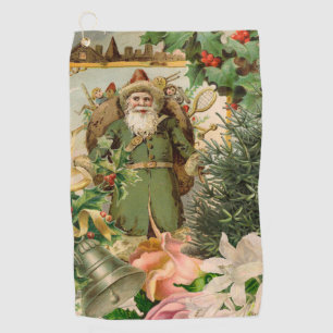 Old World Green Santa Christmas Collage Antique Golf Towel