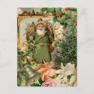 Old World Green Santa Christmas Collage Antique  Holiday Postcard