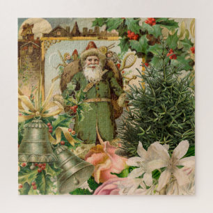 Old World Green Santa Christmas Collage Antique  Jigsaw Puzzle