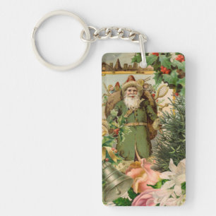 Old World Green Santa Christmas Collage Antique  Key Ring
