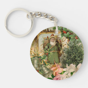 Old World Green Santa Christmas Collage Antique  Key Ring