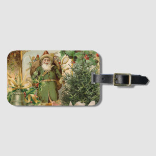 Old World Green Santa Christmas Collage Antique Luggage Tag