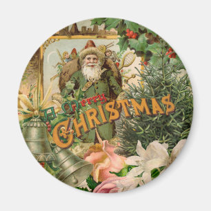 Old World Green Santa Christmas Collage Antique Magnet