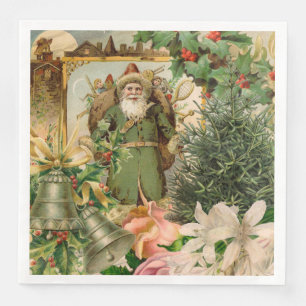 Old World Green Santa Christmas Collage Antique  Napkin