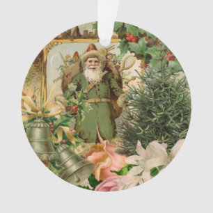 Old World Green Santa Christmas Collage Antique  Ornament