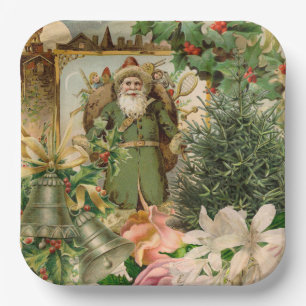 Old World Green Santa Christmas Collage Antique Paper Plate