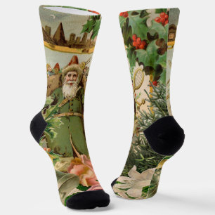 Old World Green Santa Christmas Collage Antique  Socks