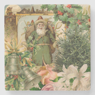 Old World Green Santa Christmas Collage Antique Stone Coaster